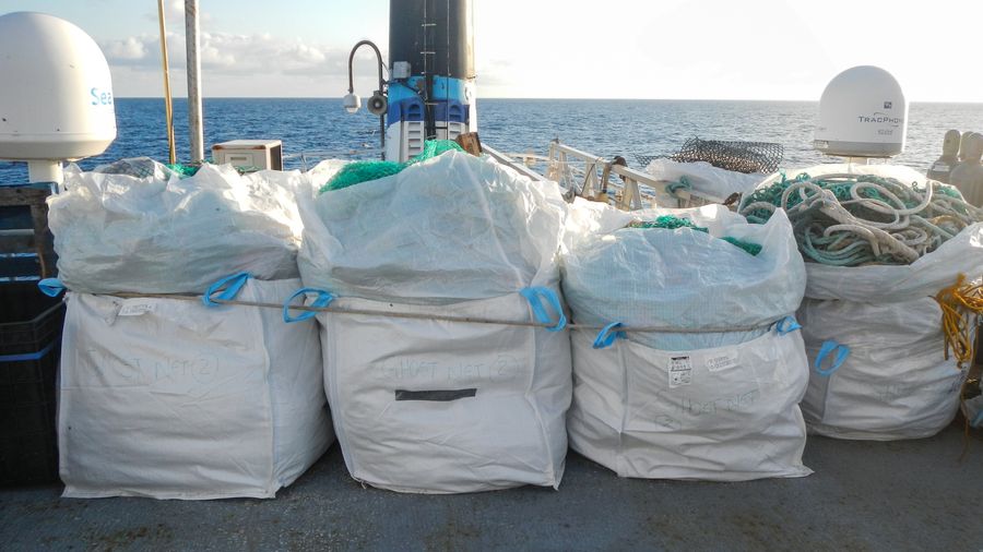 #03 - Ghostnets stored on deck of the Mega Expedition mothership, Great Pacific Garbage Patch, ocean plastic pollution, save oceans, help clean oceans,